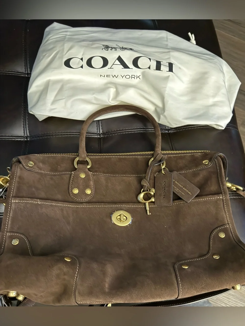 Authentic Coach Dark Chocolate Brown Suede Rhyder 38 Satchel